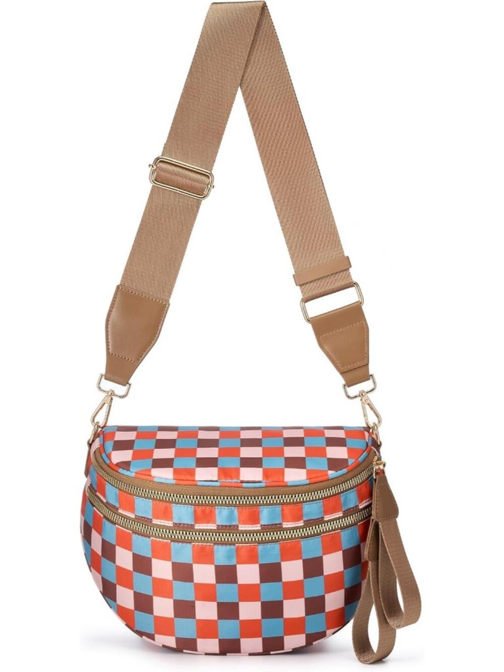 Women's Orange Blue Check Nylon Spacious Bum Bag Travel Purse Crossbody Bag